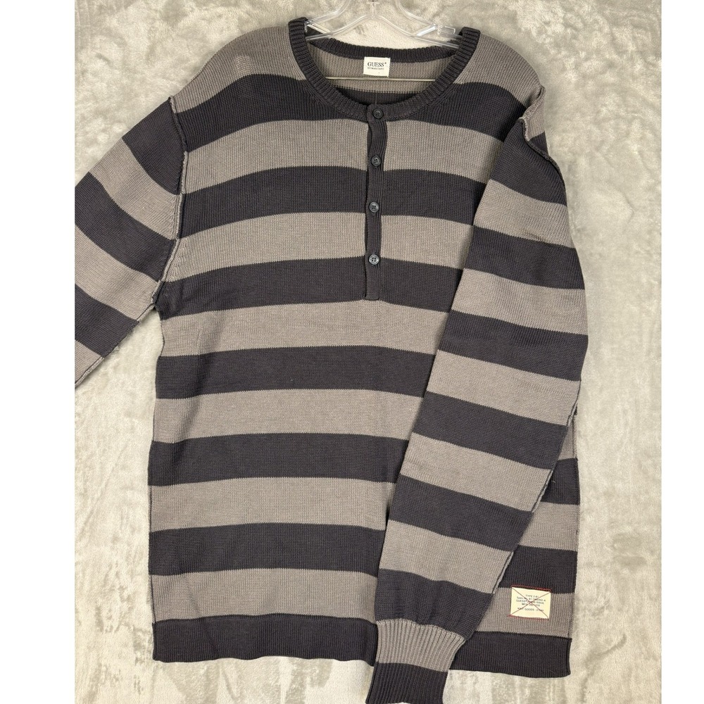 Guess Jeans Issue Henley Sweater Men's XXL Striped Knit Goods Iron‎ Grey